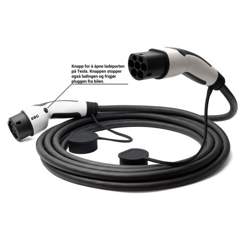 Tesla EVCharge — Laddkabel m/ knapp för laddningsport — Typ 2 till typ 2 laddkabel — 32A/3-fas — 22kW